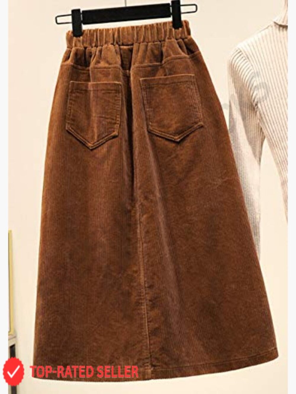 Corduroy Midi Skirt Elastic Waist Ruffle A-Line Winter Warm Pockets Classic - Picture 2 of 3